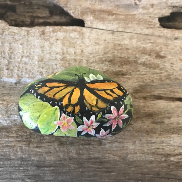 Hand Painted Monarch Butterfly on River Rock, Free personalizing and shipping to US.