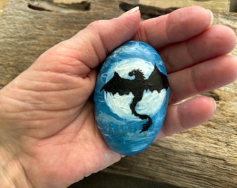 Dragon Silhouette on the Moon hand painted river rock