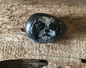 Shih Tzu Pup Hand Painted on River Rock, free personalization and shipping