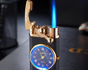 Watch Lighter Rocker Arm Blue Flame Lighters Torch Windproof Cigar Lighter for Father’s Day for Halloween & Christmas Gift