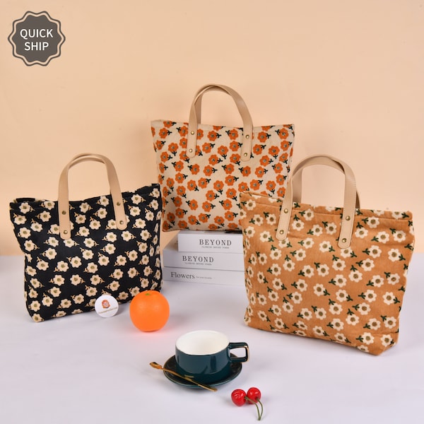Handmade Flower Tote BagnRetro Corduroy HandBag,Reusable Shopping Bag with Zipper,Gift For Her & Mom