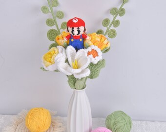 Mario Crochet Rose Bouquet,Handmade Knitted Bouquet,Tulip,Eucalyptus,Lily of the valley,Rose,Gift for Mom/Girlfriend,Mother's day gift