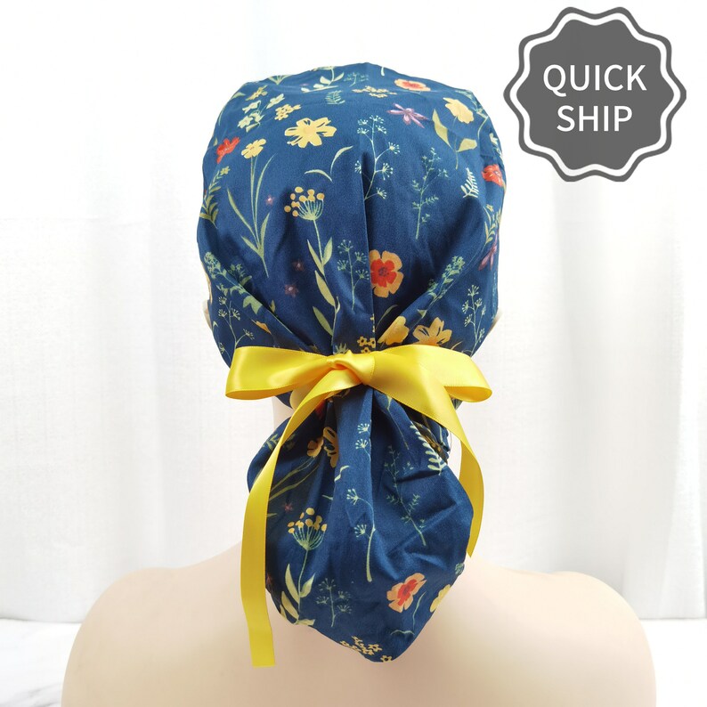 Autumn Flower Ponytail Scrub Cap With Buttonsspring Flower Etsy