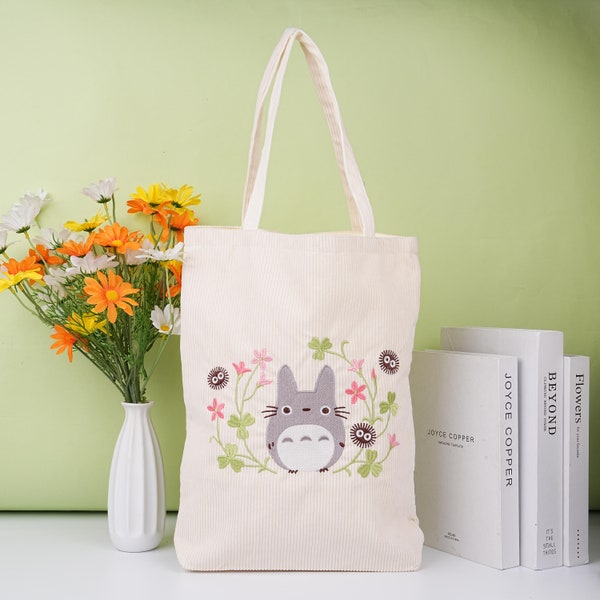 Corduroy Shoulder Bag,Handmade Embroidery Ghibli Totoro Tote Bag,Kiki's Delivery Service Shopping Bag,Birthday Gift,Mother's Day Gift