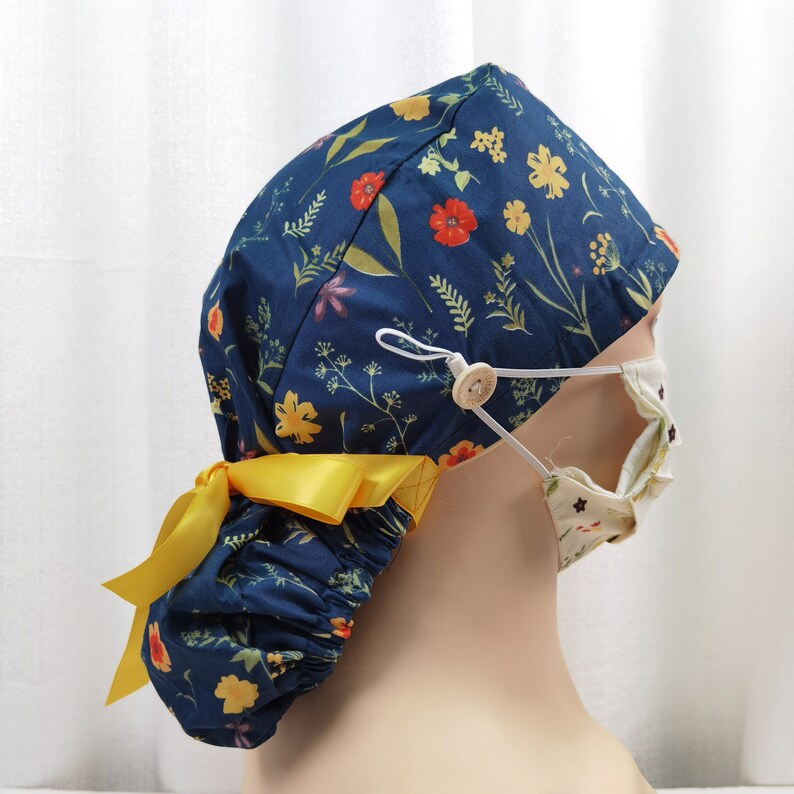Autumn Flower Ponytail Scrub Cap With Buttonsspring Flower Etsy