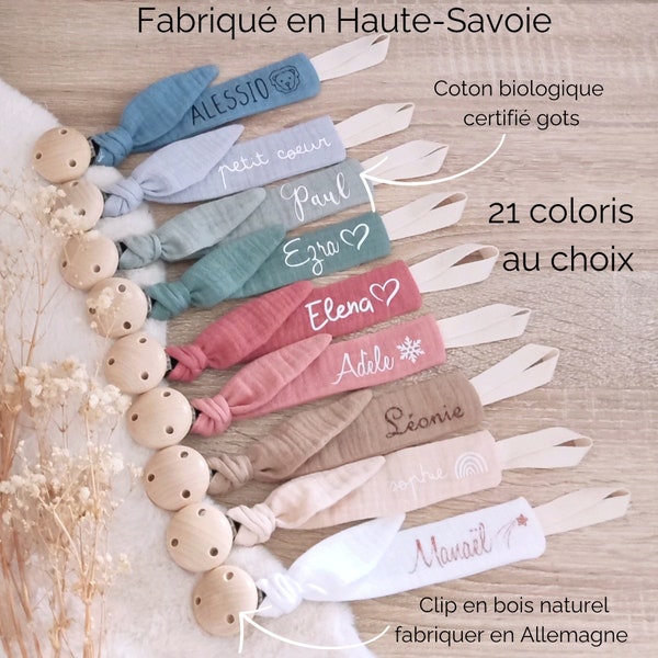 Attache tétine nouée Gaze de coton Biologique certifié gots - 21 coloris disponibles- MODÈLE DÉPOSÉ à l'INPI