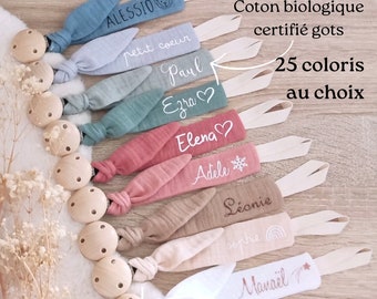 Knotted pacifier clip Gots certified organic cotton gauze - 25 colors available - MODEL REGISTERED with the INPI