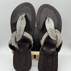 CLEARANCE! African Leather Beaded Sandals Kenya Tanzania Proceeds to Charity Women African Handmade Maasai Brown Leather Silver