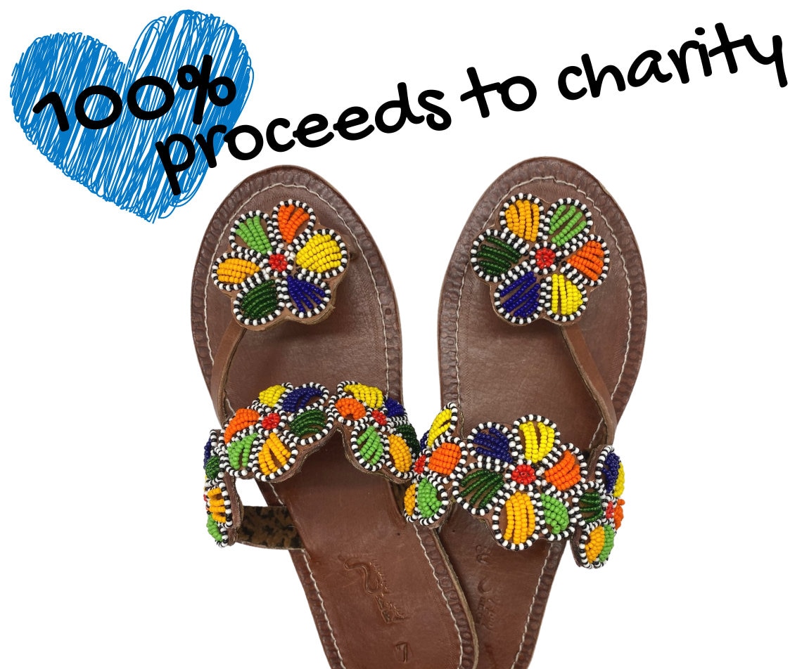 SALE Beaded Sandals Proceeds for Charity Women African Sandals Flat Handmade Maasai Brown Leather Cool Buy Support Menstrual Hygiene