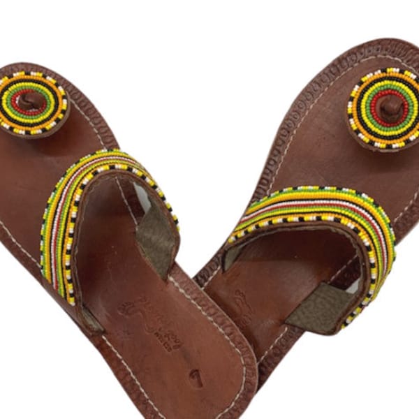 CLEARANCE! African Leather Beaded Sandals Kenya Tanzania Proceeds to Charity Women African Handmade Maasai Natural Leather Yellow