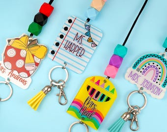 Lindo cordón para profesor/a - Cordón personalizado para llaves o credencial - Cordón con cuentas - Cordón de crayón con nombre - Regalos adorables para profesor/a