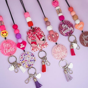 Valentines Day Lanyard - Teacher Lanyard for Keys or ID Badge - Glitter Lanyard - Beaded Lanyard - Personalized Lanyard