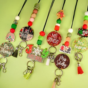 Cordón navideño con purpurina para profesores - Cordón navideño para profesores - Cordón navideño con cuentas - Cordón para profesores - Regalos para profesores - Porta credencial