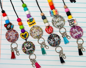 Cordón con purpurina para profesores - Cordón personalizado para llaves o credencial de identificación - Cordón con cuentas brillantes - Cordón para profesores con nombre - Regalos para profesores