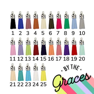 May include: Twenty-five different colored tassel charms with silver tops. The tassels are arranged in rows of ten and five. The tassels are all the same size and shape. The tassels are made of a soft, fuzzy material.  BY THE GRACES is written in a colorful font at the bottom of the image.