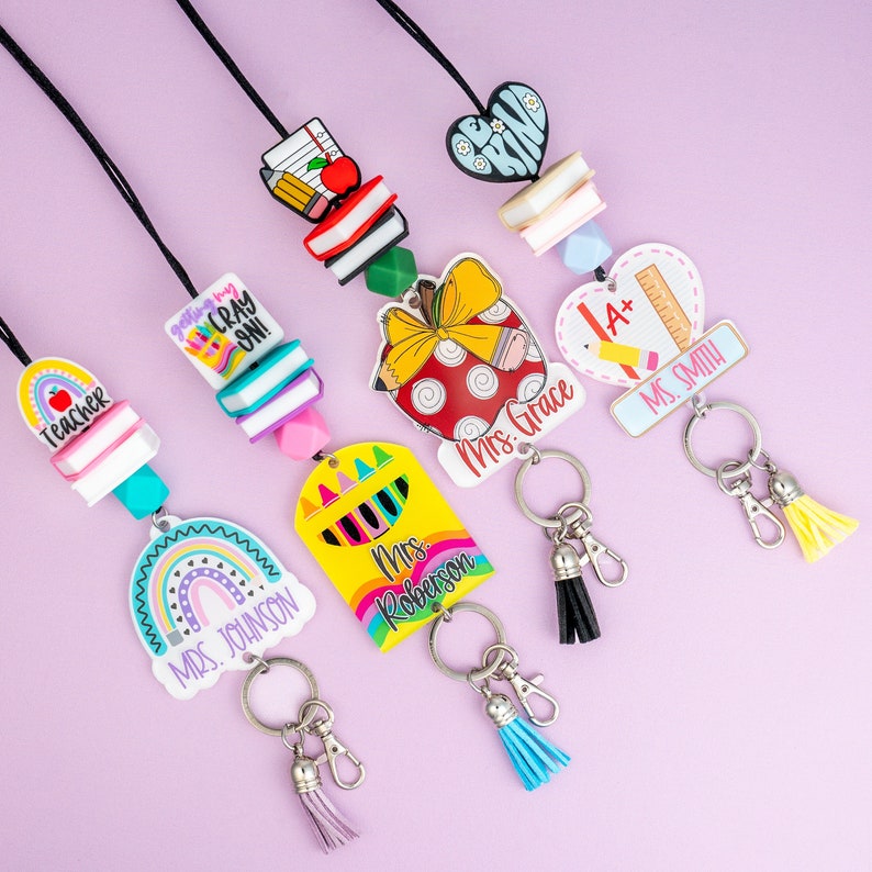 Rainbow Teacher Lanyard Personalized Lanyard for Keys or ID Badge Beaded Lanyard Teacher Lanyard with Name Affordable Teacher Gifts image 1
