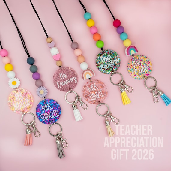 Rainbow Glitter Lanyard - Personalized Lanyard for Keys or ID Badge - Beaded Lanyard - Teacher Lanyard with Name - Sparkly Teacher Lanyard