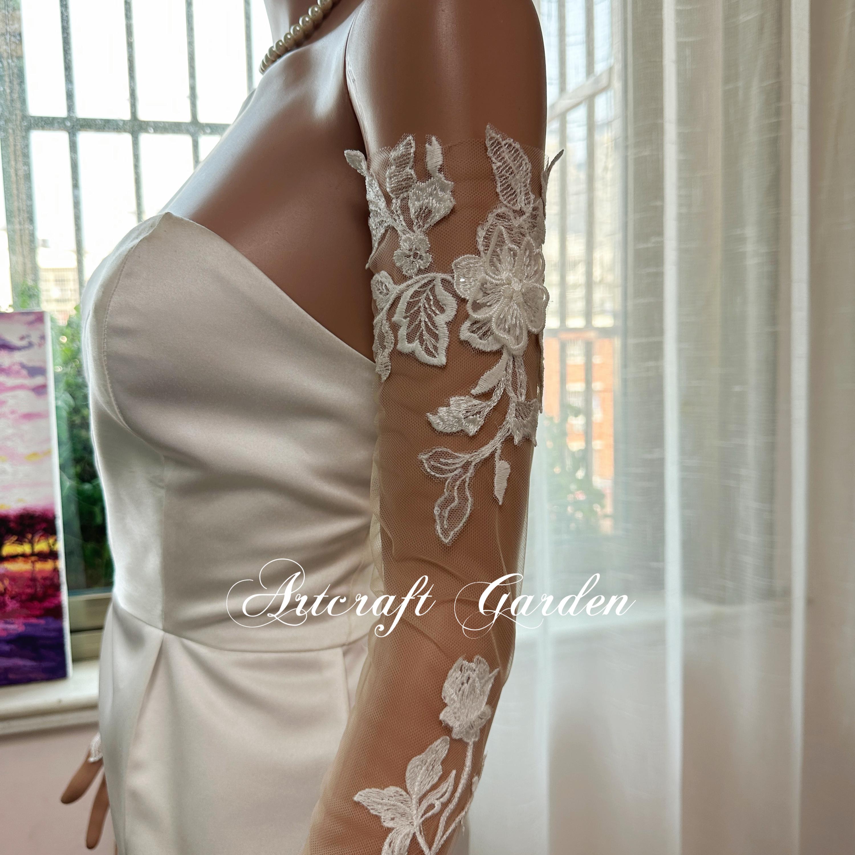 Custom Sparkle lace wedding sleeves,skin tone bridal gloves for Jade macdonald