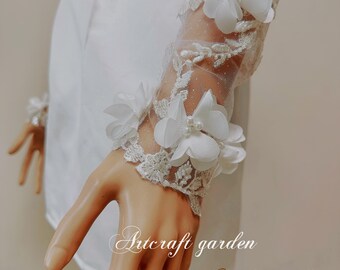 3D Flower Lace Bridal Sleeves: Beaded Fingerless Wedding Gloves,custom gloves
