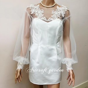 Custom bridal top,wedding dress topper,bridal lace tulle top with long sleeves,dress cover up ivory