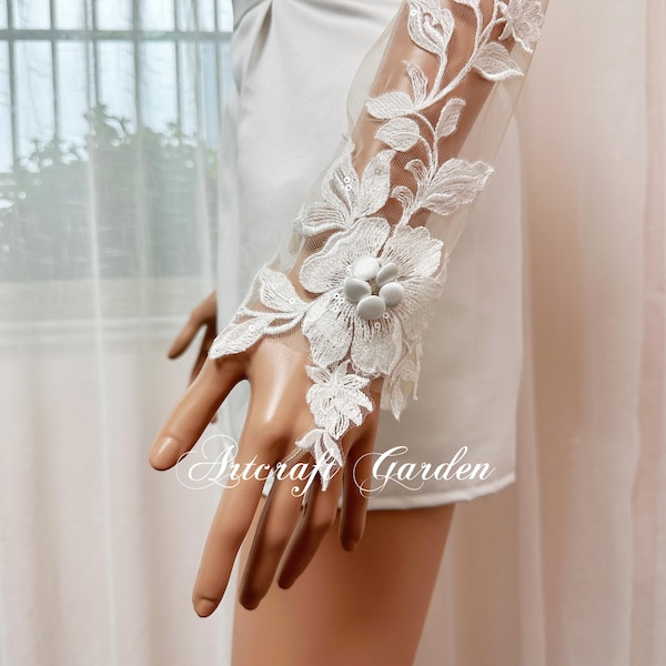 Custom Lace Applique long Bridal Gloves: Skin Tulle Wedding Gloves ALS