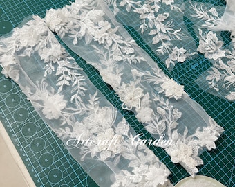 Custom Ivory Lace Bridal Gloves, Sparkly 3D Flower Applique bicep sleeves PL