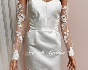 Custom Bridal Fingerless Floral Applique wedding gloves, lace sleeves Ivory,wedding veil