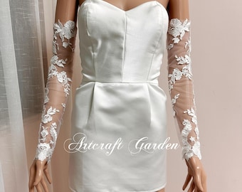Custom Applique Lace Wedding Sleeves，white and Ivory Fingerless Bridal Gloves