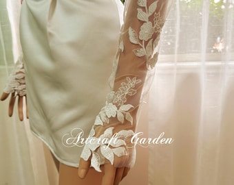 Custom cotton applique lace wedding fingerless gloves,sleeves for bridal  Gianna Castillo