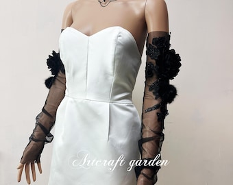 Guantes de novia de encaje negro personalizados: mangas de boda desmontables con flores en 3D.