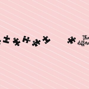 May include: A pink background with white diagonal stripes features black puzzle pieces. The phrase "think differently" is written in a cursive font. The image conveys a theme of problem-solving and creativity.