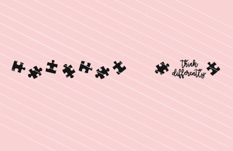 May include: A pink background with white diagonal stripes features black puzzle pieces. The phrase "think differently" is written in a cursive font. The image conveys a theme of problem-solving and creativity.