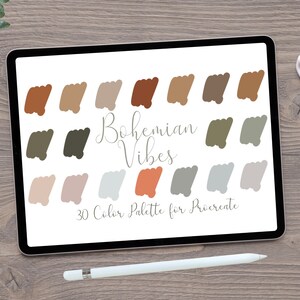 Op de afbeelding: Een digitaal kleurenpalet voor Procreate met 30 kleuren in tinten bruin, groen, beige en grijs. Het palet heeft de titel "Bohemian Vibes".