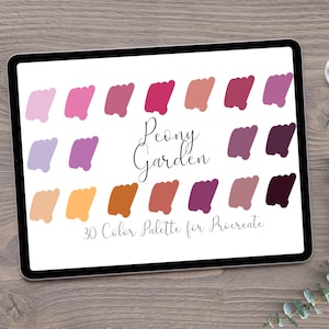 May include: A digital tablet screen displaying a colour palette with 30 colours. The palette is titled "Peony Garden 30 Colour Palette for Procreate".