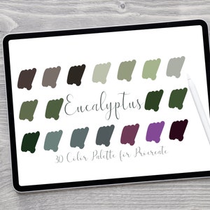 May include: A digital colour palette with 30 shades of green, brown, and purple. The palette is titled "Eucalyptus 30 Colour Palette for Procreate".