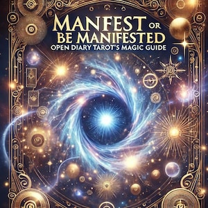 Może przedstawiać: Złota i niebieska ilustracja wirującej galaktyki z gwiazdami i planetami. Tekst "MANIFEST OR BE MANIFESTED" i "OPEN DIARY TAROT'S MAGIC GUIDE" jest napisany złotą czcionką.