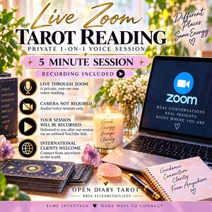 May include: A promotional graphic for a 5-minute live Zoom tarot reading session. The image features a laptop displaying the Zoom logo, a candle with the text 'Good Energy Brings Clarity', tarot cards, crystals, and a notebook with handwritten notes.