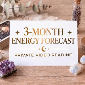 May include: A white rectangular card with gold text reading 3-MONTH ENERGY FORECAST PRIVATE VIDEO READING, accompanied by a deck of tarot cards, a lit yellow beeswax candle, a small glass vial of dried lavender, and several raw crystals.