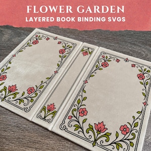 Op de afbeelding: Een lichtbeige boekomslagontwerp met een centrale rug en twee panelen, elk versierd met een florale rand in zwarte lijnen. De illustraties bevatten roze bloemen en groene bladeren. De tekst FLOWER GARDEN LAYERED BOOK BINDING SVGS is zichtbaar.