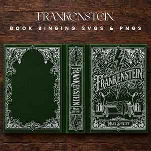 Peut inclure: Un graphique numérique présentant la conception de la couverture du livre Frankenstein de Mary Shelley. Le design comprend un fond vert foncé avec des lignes argentées complexes, un éclair central, une scène de laboratoire et du texte.
