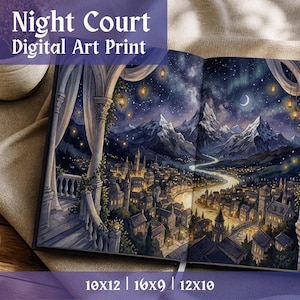 May include: A digital art print titled "Night Court" depicts a nighttime cityscape with a river, mountains, and a starry sky. The print includes the sizes 10x12, 16x9, and 12x10.