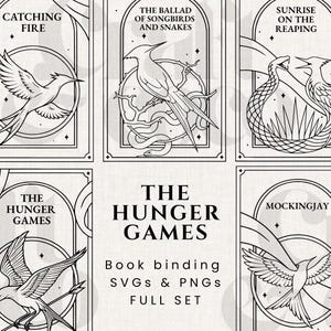 May include: Black and white illustrations of birds and snakes, with text from "The Hunger Games" series. The image includes the text "Catching Fire," "The Ballad of Songbirds and Snakes," and "Sunrise on the Reaping."