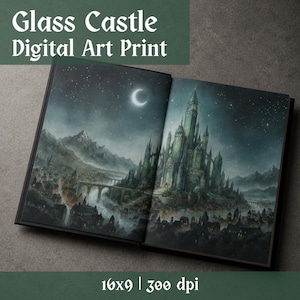 Puede incluir: Un libro abierto muestra una impresión de arte digital titulada "Glass Castle". La obra de arte representa un paisaje de fantasía detallado con un castillo verde brillante, una luna creciente y un cielo estrellado. La impresión es de 16x9 pulgadas y 300 ppp.