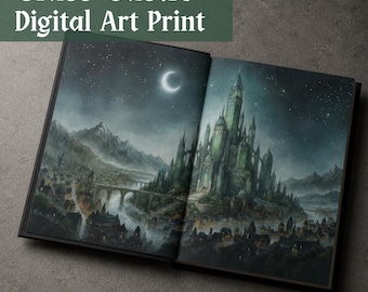 Glass Castle Art Print, Fantasy Art Print, Fantasy Merch, Ancient City endpaper, Bookish wall art, Digital endpapers, Book Art