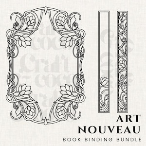 May include: A black and white Art Nouveau book binding bundle. The design includes a central frame with floral and swirling vine patterns, plus two vertical border elements. The text "ART NOUVEAU BOOK BINDING BUNDLE" is at the bottom.