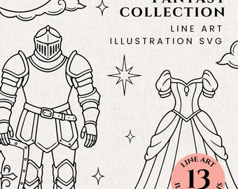 Romantasy Line Art SVG Bundle, Fairytale Clipart SVG, Princess Castle Mermaid Fairy Cricut Cut Files, Romantasy Cricut SVG, Whimsy PNGs