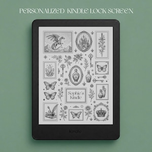 May include: A black e-reader displaying a personalized lock screen with the text "Sophie's Kindle" surrounded by black and white line art illustrations including a dragon, a castle, roses, butterflies, keys, crystals, and a crown in frames.