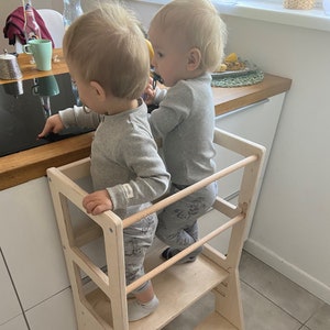 Montessori Twin Tower Set Double the Fun for Siblings | Wooden Kitchen Step Stool | Learning Ladder for Toddlers | Natural Wood Helper Tower
