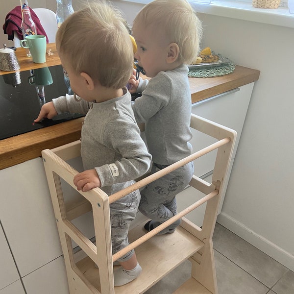 Montessori-Zwillingsturm-Set – Doppelter Spaß für Geschwister | Hölzerner Tritthocker für die Küche | Lernleiter für Kleinkinder | Helferturm aus Naturholz