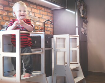 White Kitchen helper | Learning Tower | Montessori kitchen tower | Solid Kitchen stool | Safety stool | Toddler step stool | Gift for kids